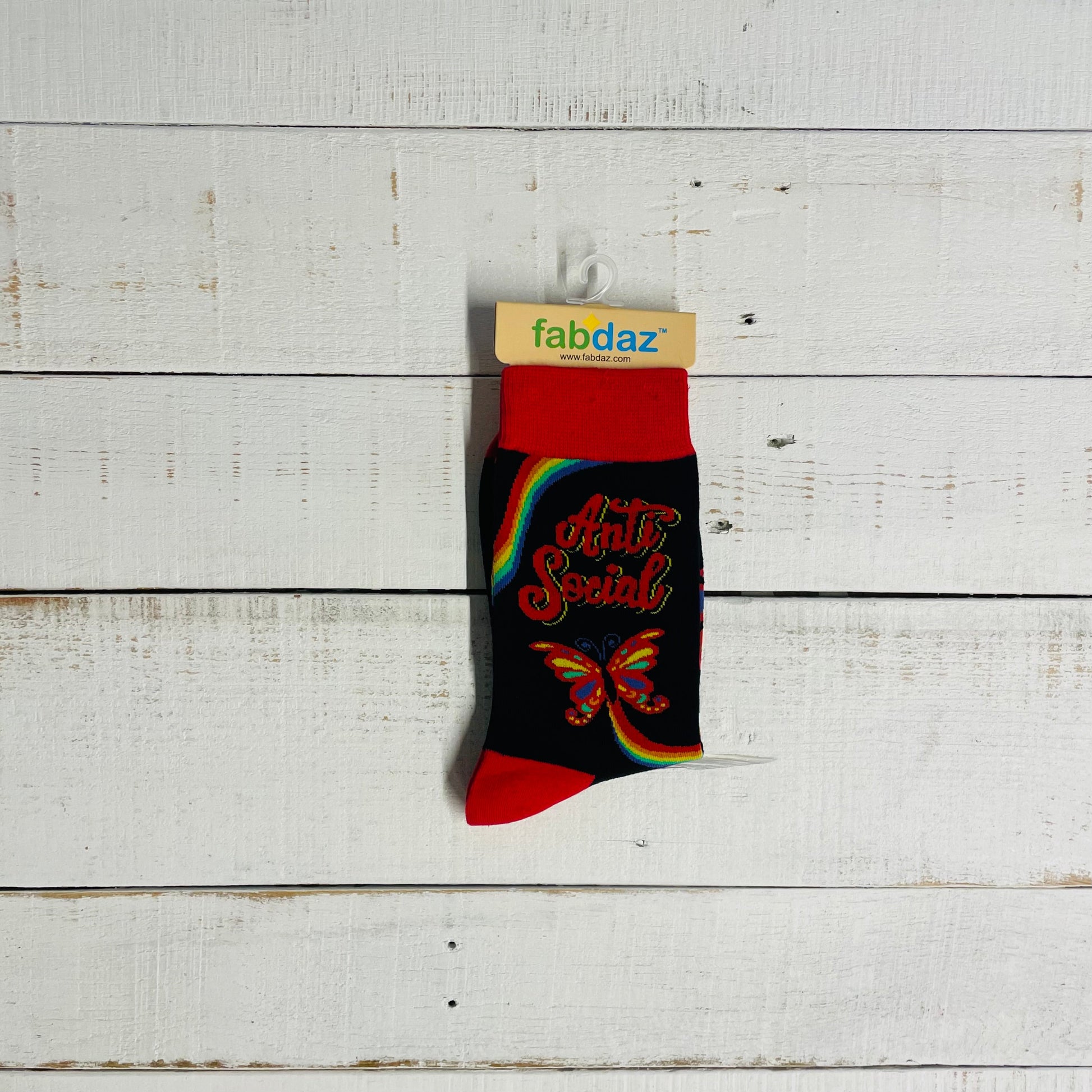 Anti Social Butterfly Women's Crew Socks | Black and Red Ladies Novelty Socks