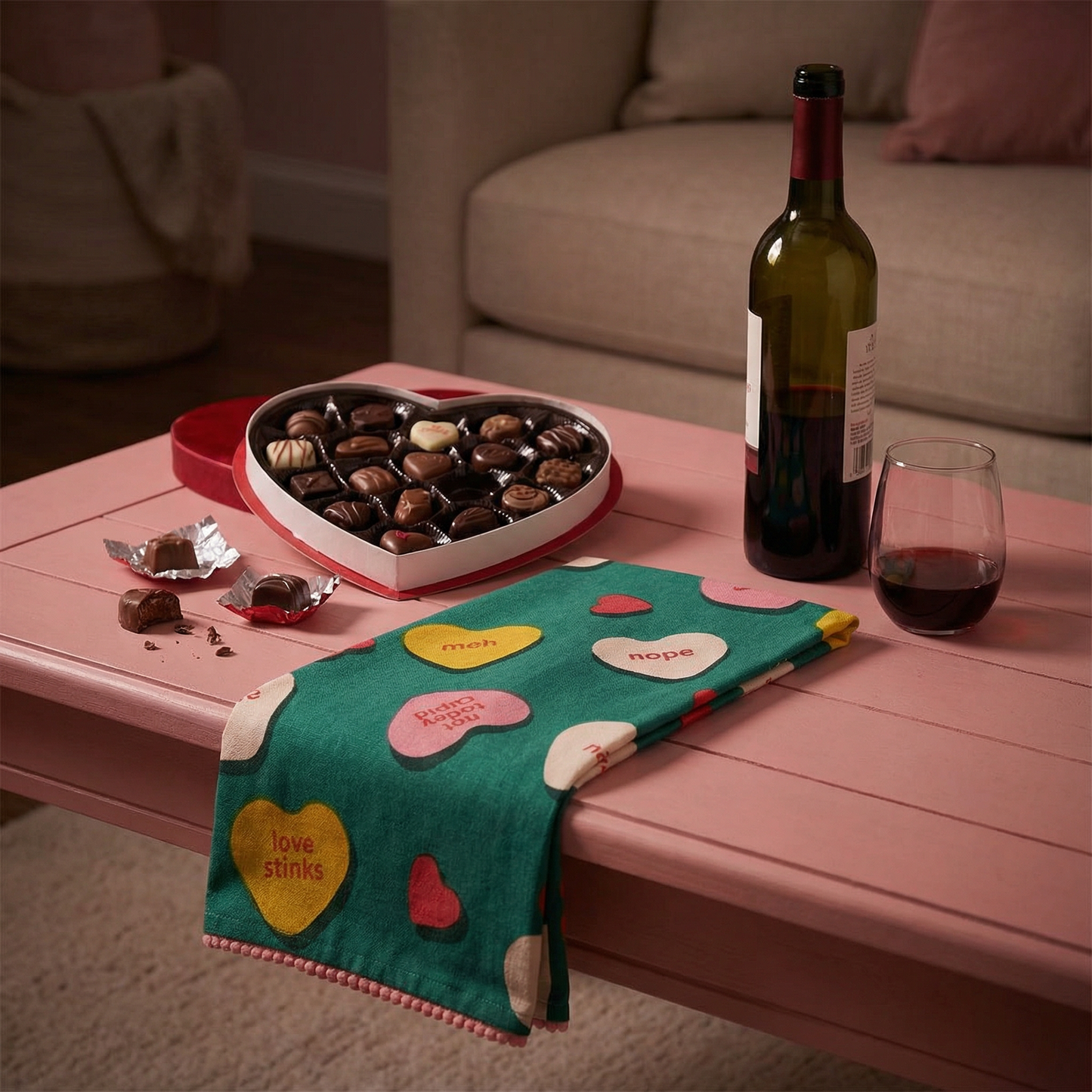 Anti-Valentine Kitchen Towel with Pompom Trim | Not Today Cupid Hand Tea Dish Cloth | 20" x 26"