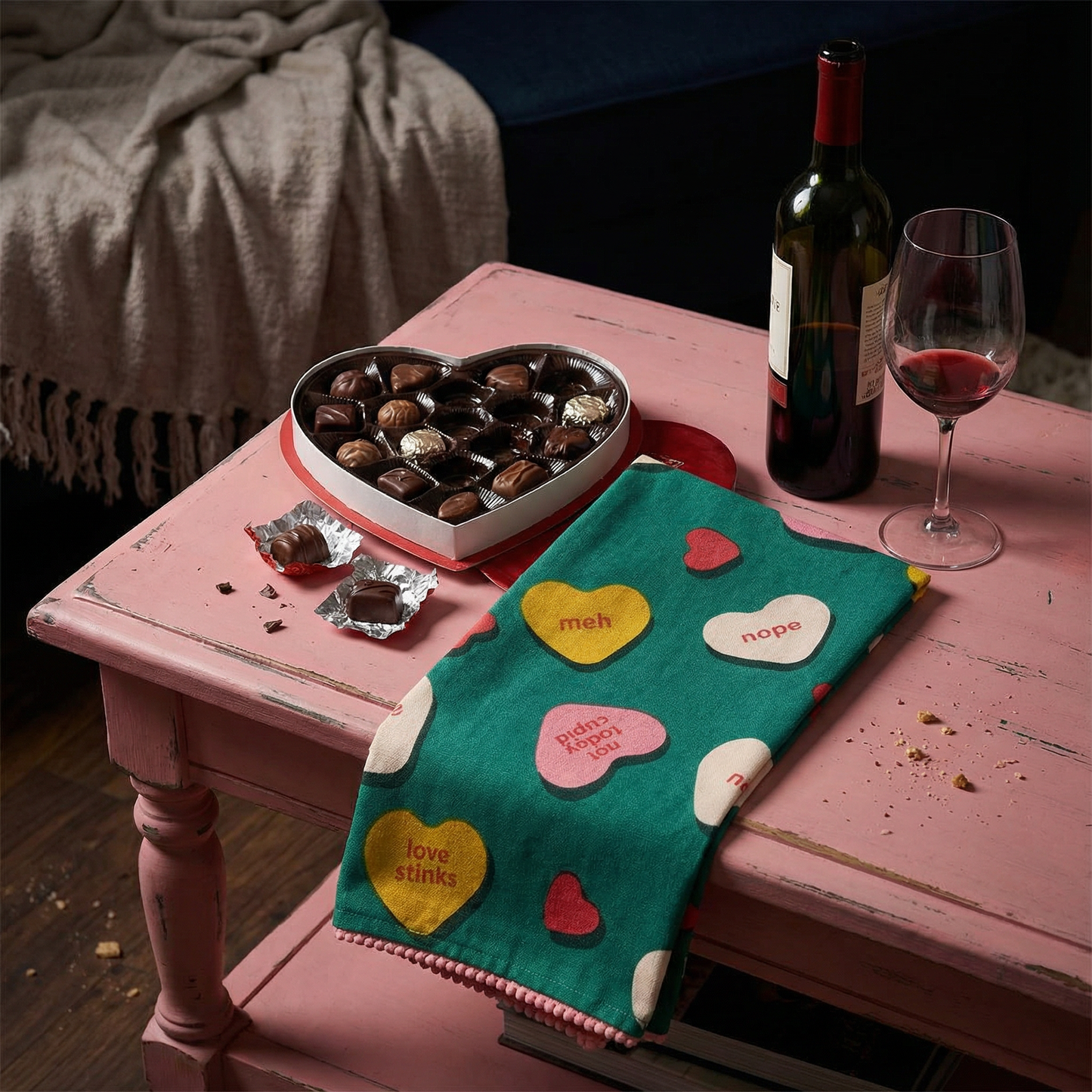 Anti-Valentine Kitchen Towel with Pompom Trim | Not Today Cupid Hand Tea Dish Cloth | 20" x 26"