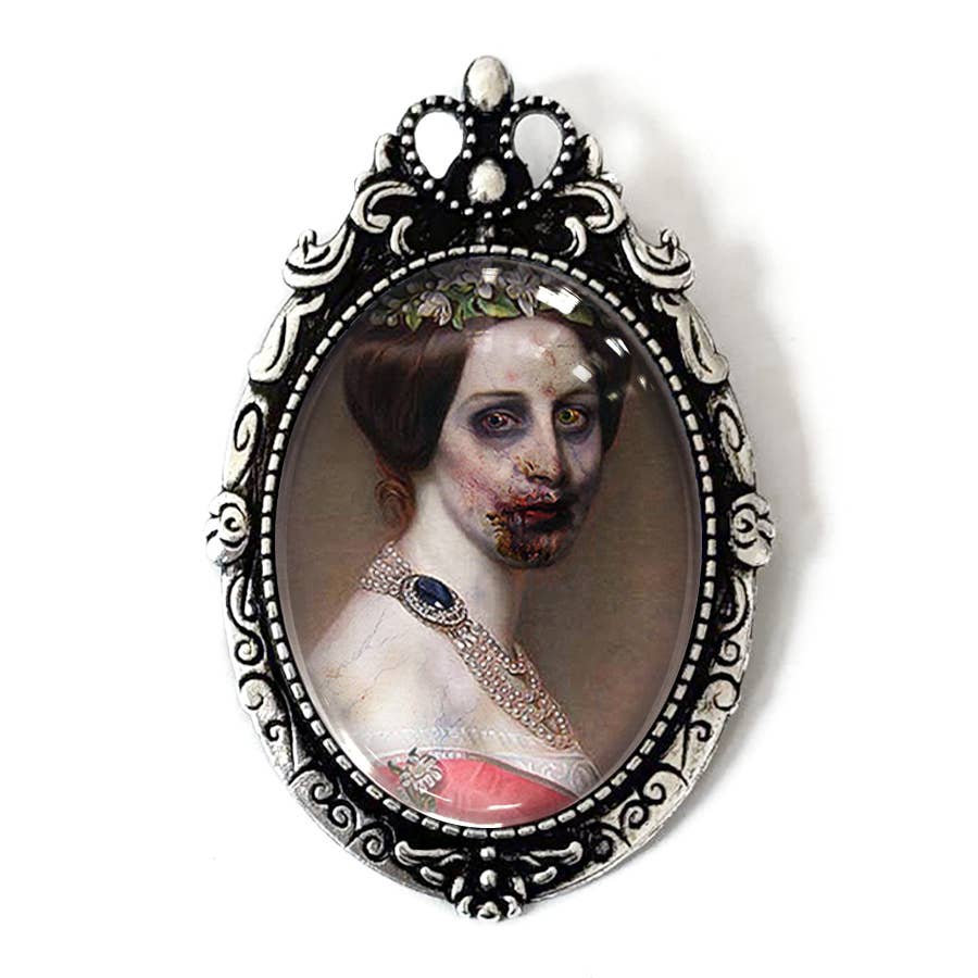 Antique Zombie Woman Brooch | Vintage Halloween Art Glass Cabochon in Antiqued Silver Tone