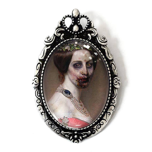Antique Zombie Woman Brooch | Vintage Halloween Art Glass Cabochon in Antiqued Silver Tone