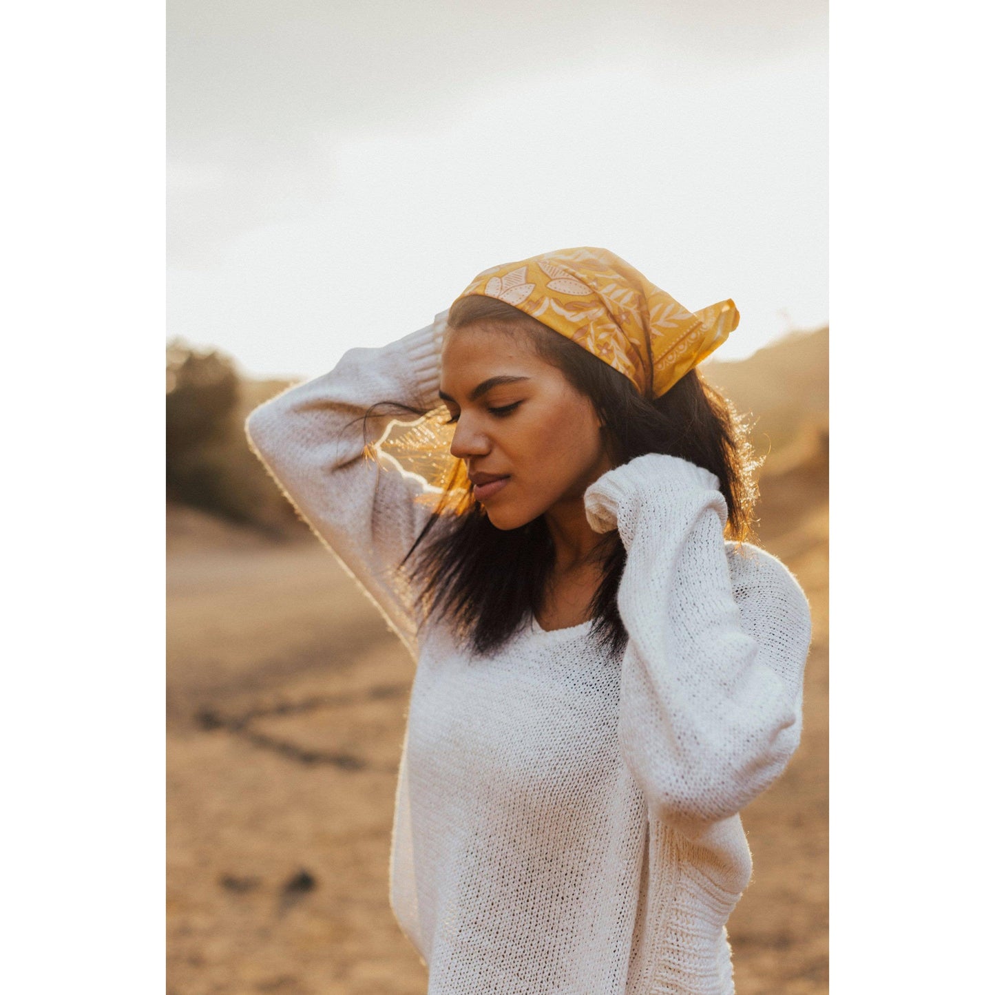 Antonia Bandana in Gold with Cream Flowers | Handmade in India | Cotton Scarf Headwrap | 22'' x 22''