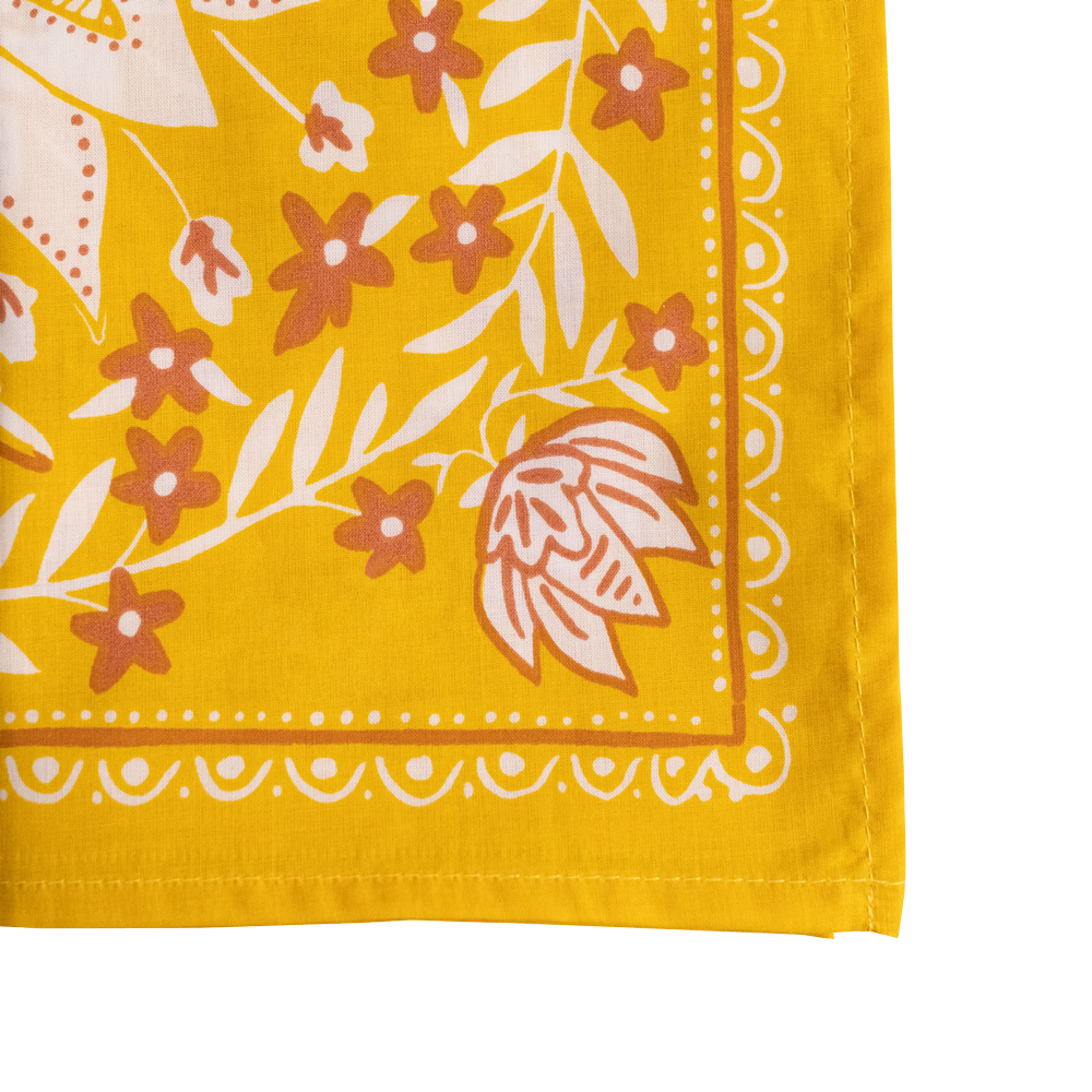 Antonia Bandana in Gold with Cream Flowers | Handmade in India | Cotton Scarf Headwrap | 22'' x 22''