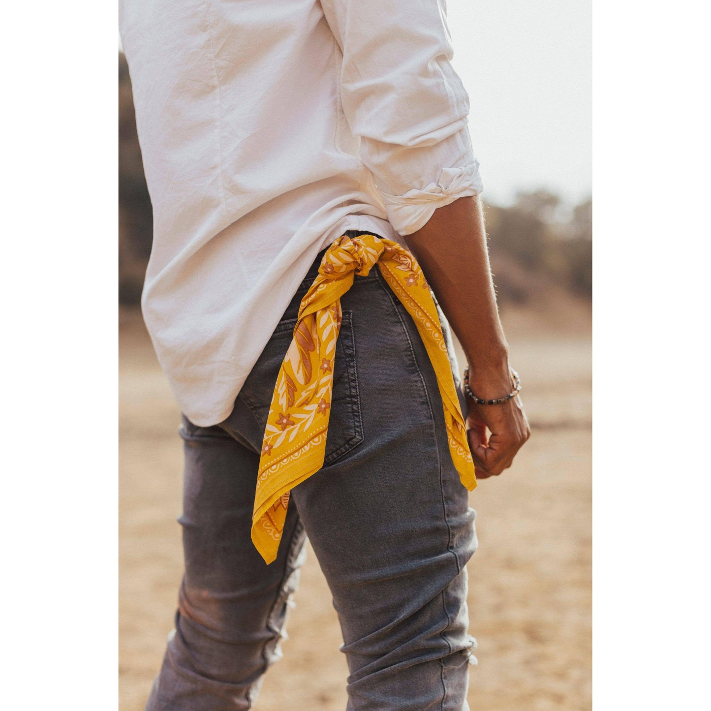 Antonia Bandana in Gold with Cream Flowers | Handmade in India | Cotton Scarf Headwrap | 22'' x 22''