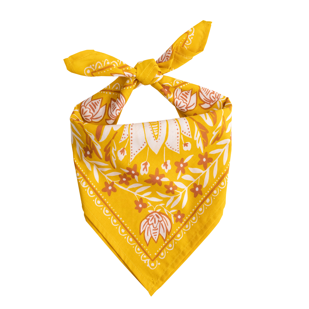 Antonia Bandana in Gold with Cream Flowers | Handmade in India | Cotton Scarf Headwrap | 22'' x 22''