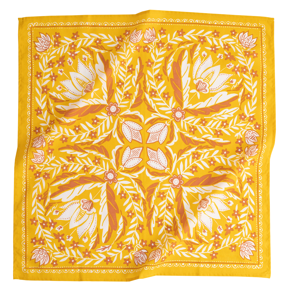 Antonia Bandana in Gold with Cream Flowers | Handmade in India | Cotton Scarf Headwrap | 22'' x 22''