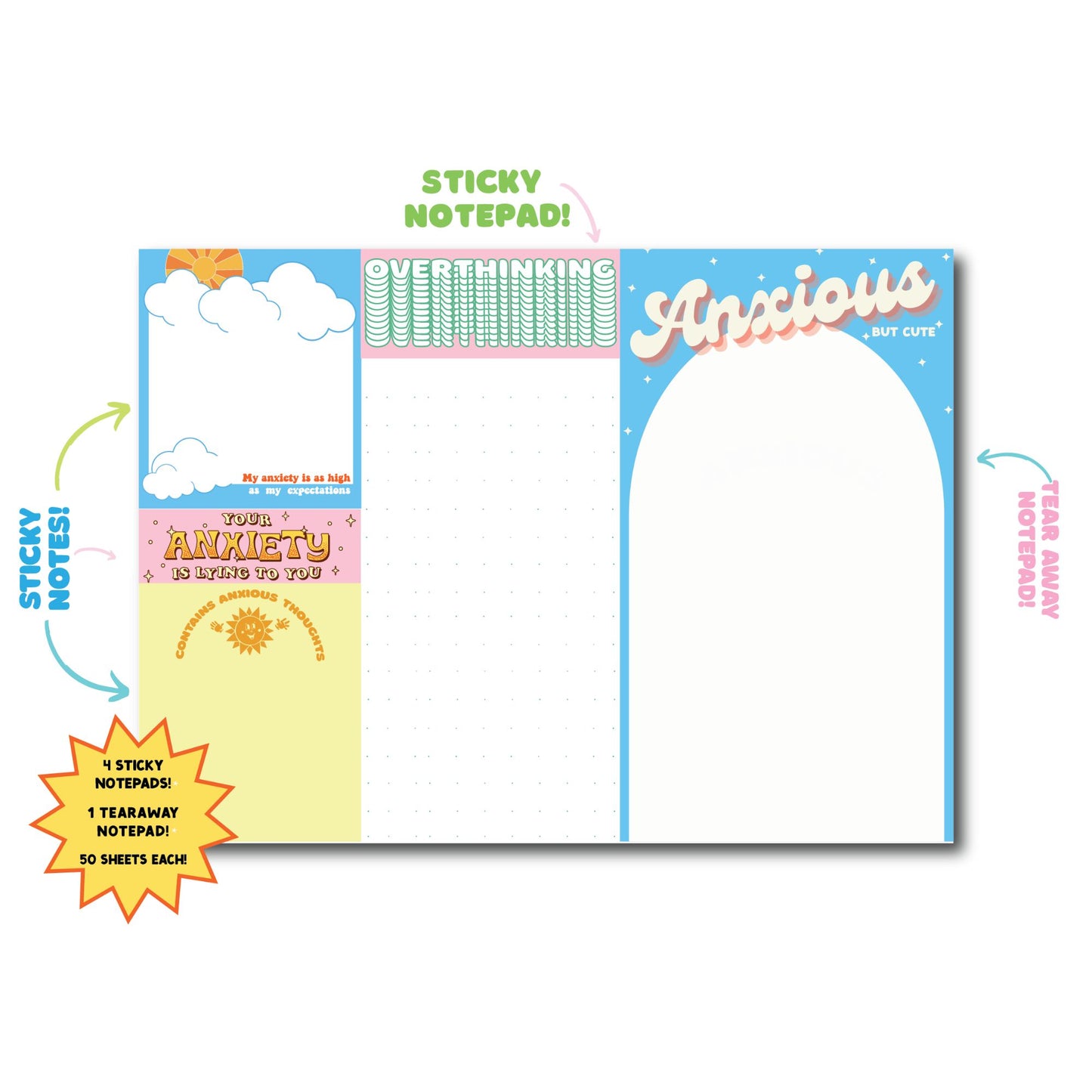 Anxiety Notepad Set | Funny Giftable Notepad Set | Sticky Note and Tear-away Notepad Set