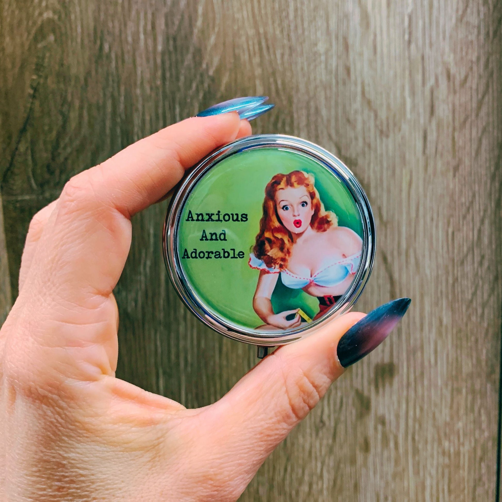 Anxious and Adorable Pill Box | Handmade 2.25" Round Pill Case | Retro Pinup Art