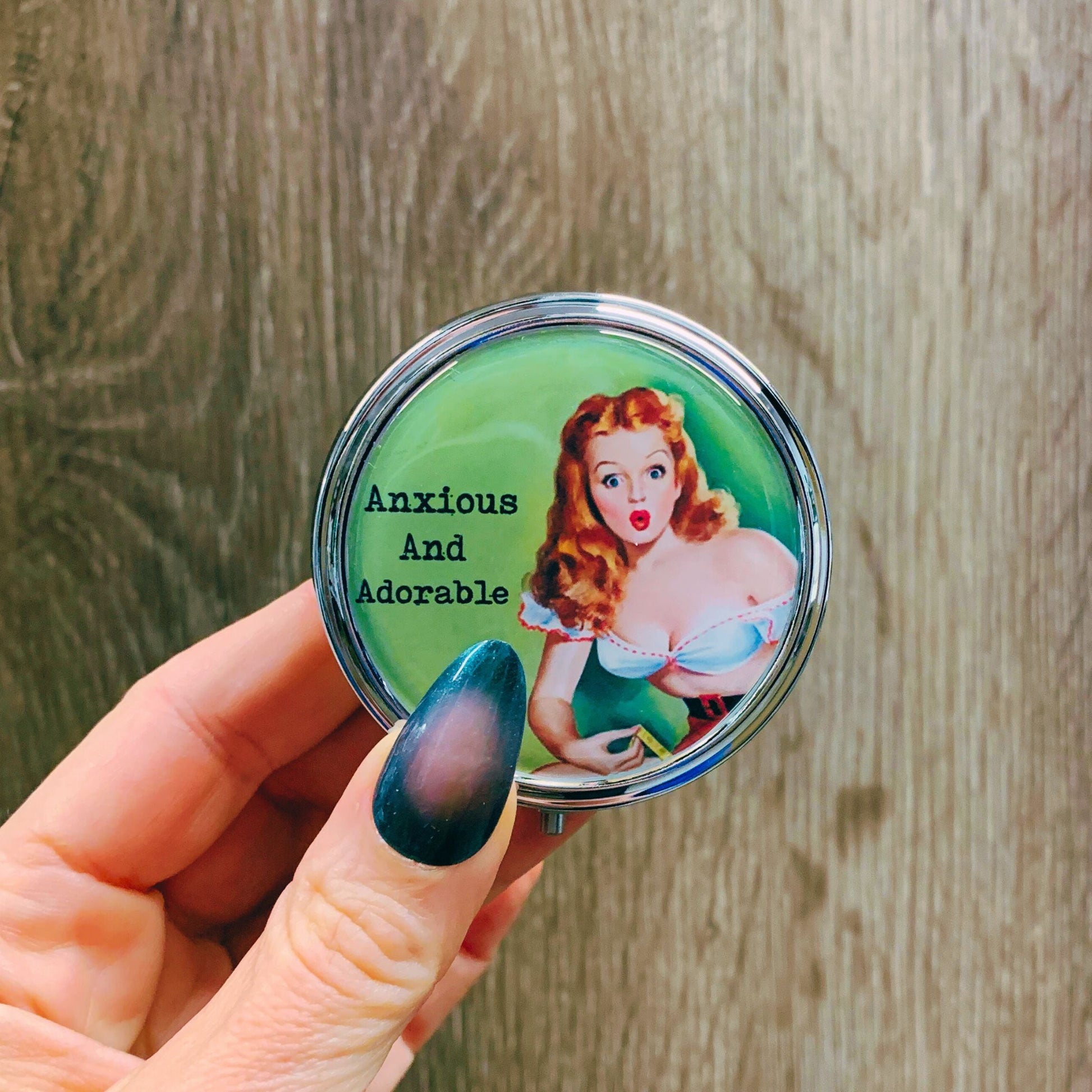 Anxious and Adorable Pill Box | Handmade 2.25" Round Pill Case | Retro Pinup Art