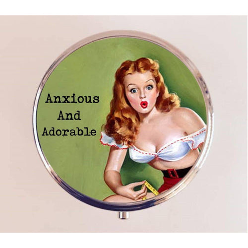 Anxious and Adorable Pill Box | Handmade 2.25" Round Pill Case | Retro Pinup Art