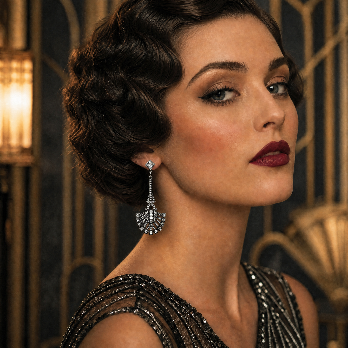 Art Deco Fan-Shaped Crystal Earrings in Silver