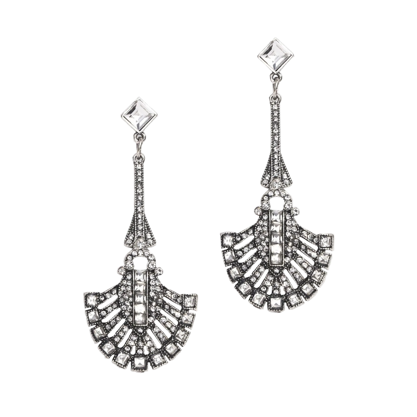 Art Deco Fan-Shaped Crystal Earrings in Silver