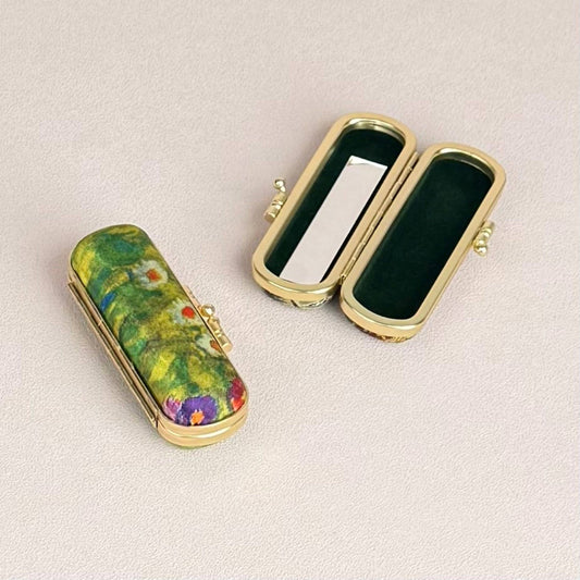 Artist Painting Print Lipstick Case with Mirror – Klimt Flower Farm Design | Elegant Gold Frame Holder