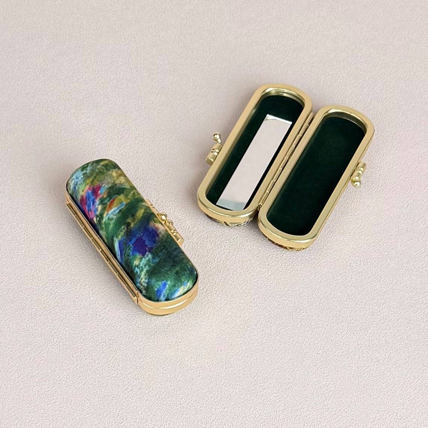 Artist Painting Print Lipstick Case with Mirror – Monet Alice Gardens Design | Elegant Gold Metal Holder
