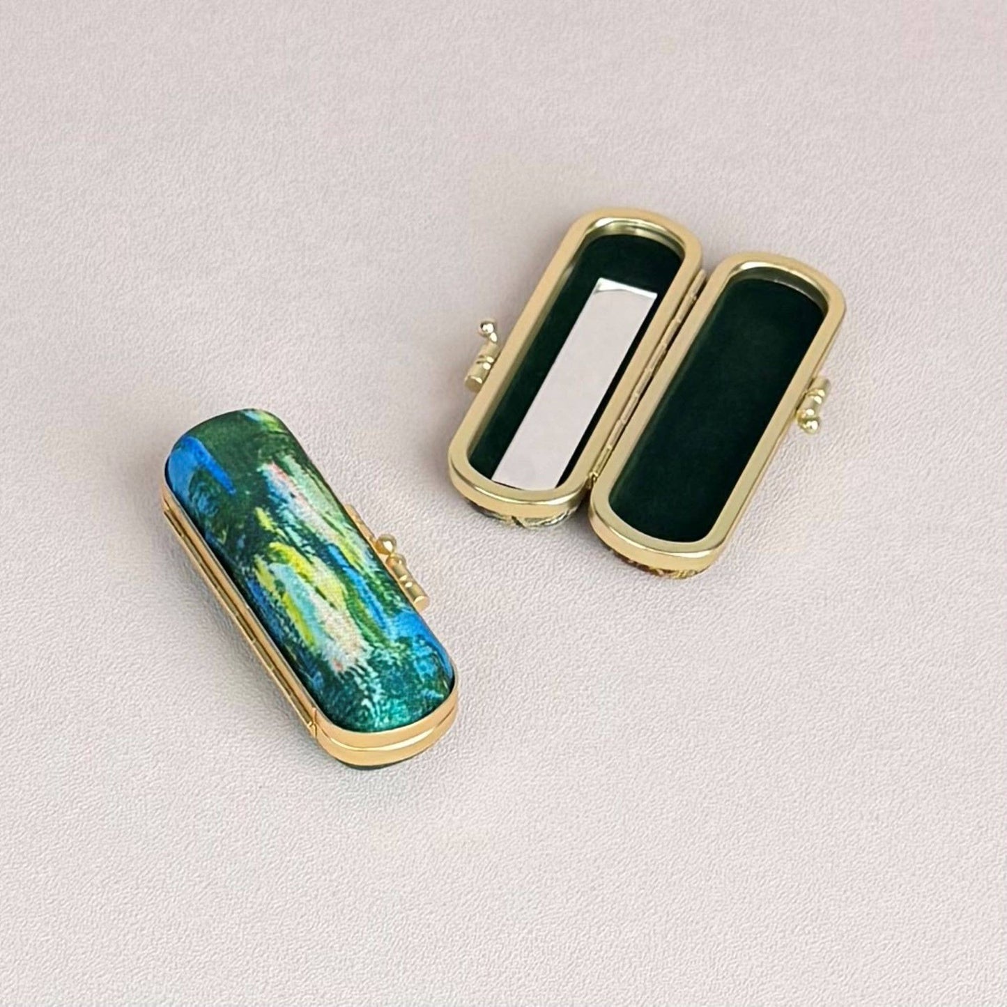 Artist Painting Print Lipstick Case with Mirror – Monet Water Lilies Design | Elegant Gold Metal Holder