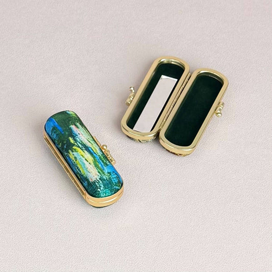 Artist Painting Print Lipstick Case with Mirror – Monet Water Lilies Design | Elegant Gold Metal Holder