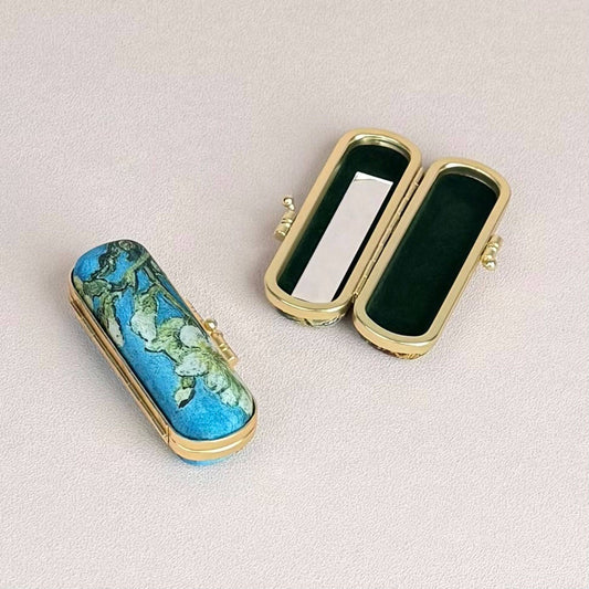 Artist Painting Print Lipstick Case with Mirror – Van Gogh Almond Blossom Tree | Elegant Gold Frame Holder