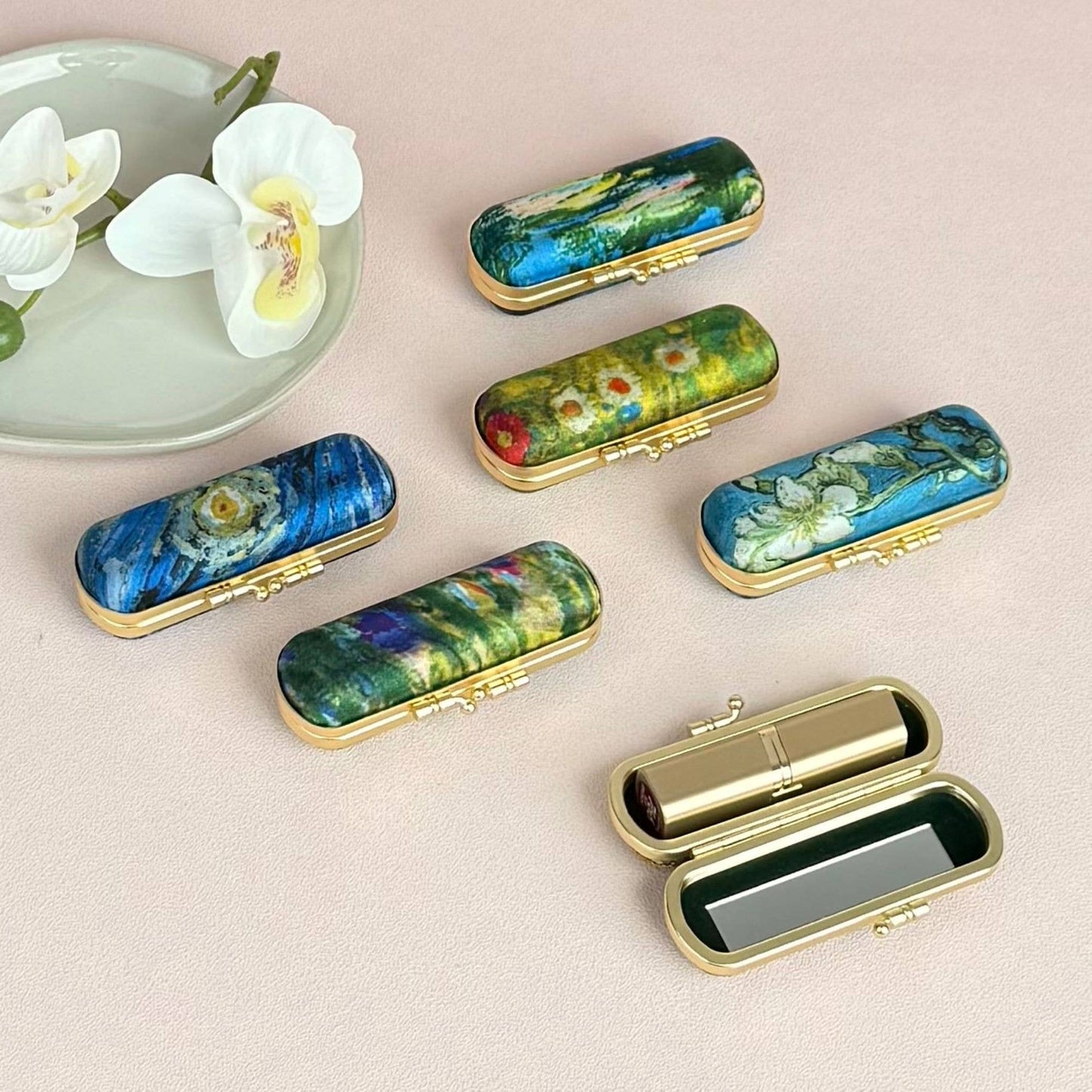 Artist Painting Print Lipstick Case with Mirror – Van Gogh The Starry Night | Elegant Gold Frame Holde