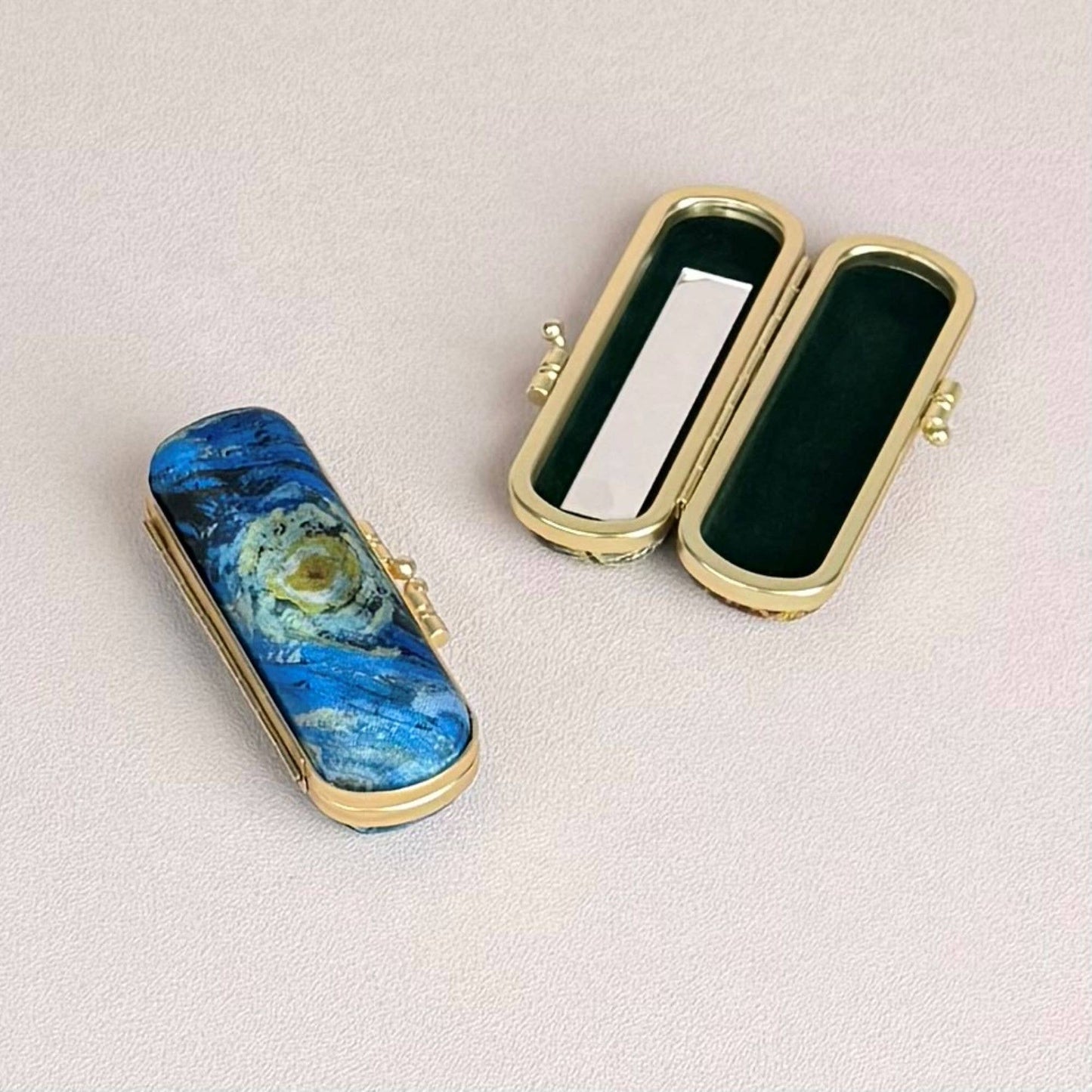 Artist Painting Print Lipstick Case with Mirror – Van Gogh The Starry Night | Elegant Gold Frame Holde