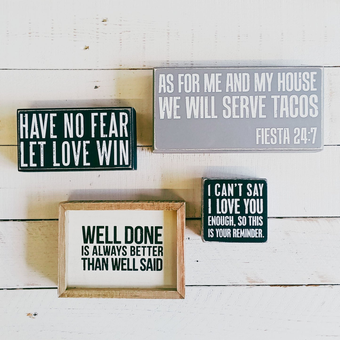 As For Me And My House We Will Serve Tacos Fiesta 24:7 Box Sign | Classic Gray Wooden Desk Wall Decor | 8" x 4"