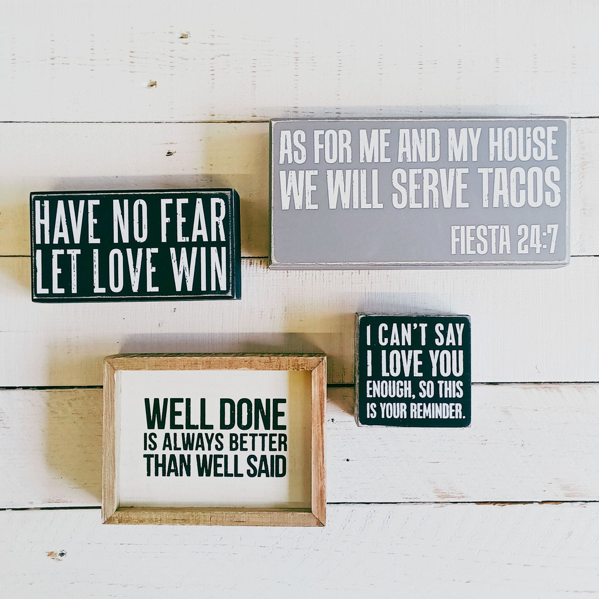 As For Me And My House We Will Serve Tacos Fiesta 24:7 Box Sign | Classic Gray Wooden Desk Wall Decor | 8" x 4"