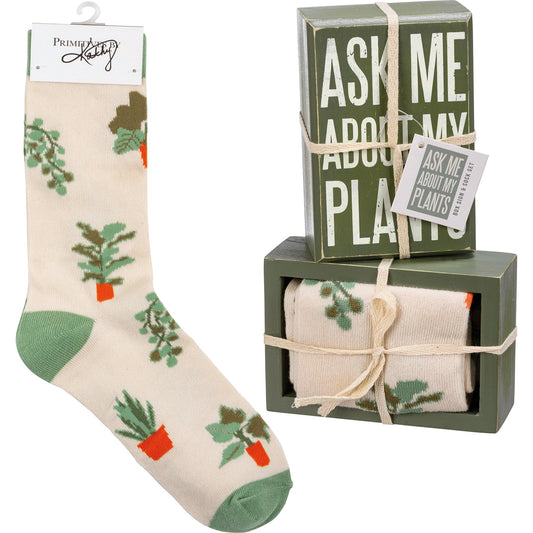 Ask Me About My Plants Box Sign And Sock Set | Plant Lovers Giftable Set