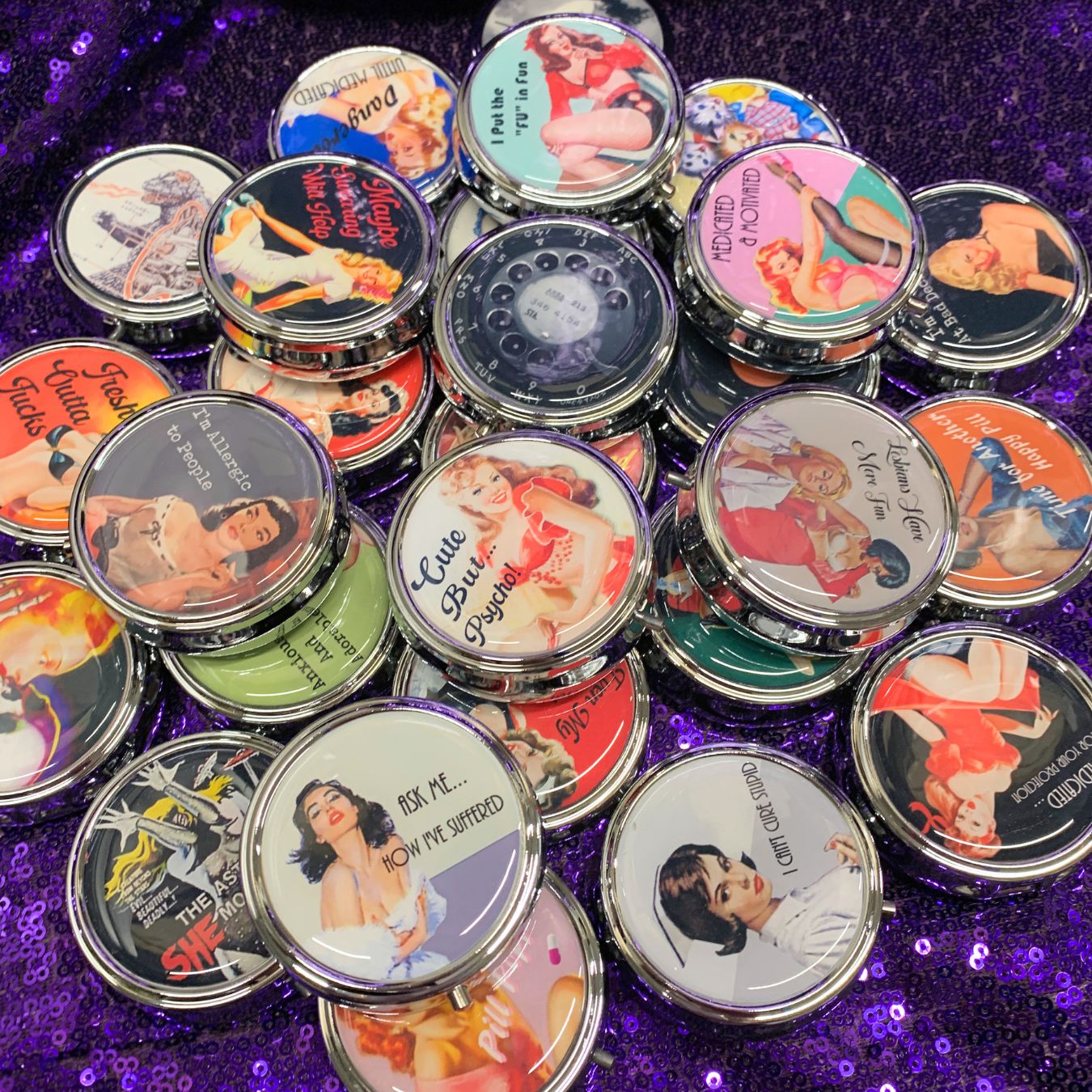 Ask Me How I've Suffered Pill Box | Handmade 2.25" Round Pill Case | Retro Pinup Art