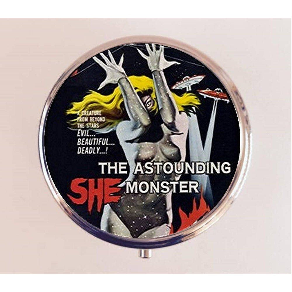 Astounding She Monster Pill Box | Handmade 2.25" Round Pill Case | Retro B-Movie Kitsch