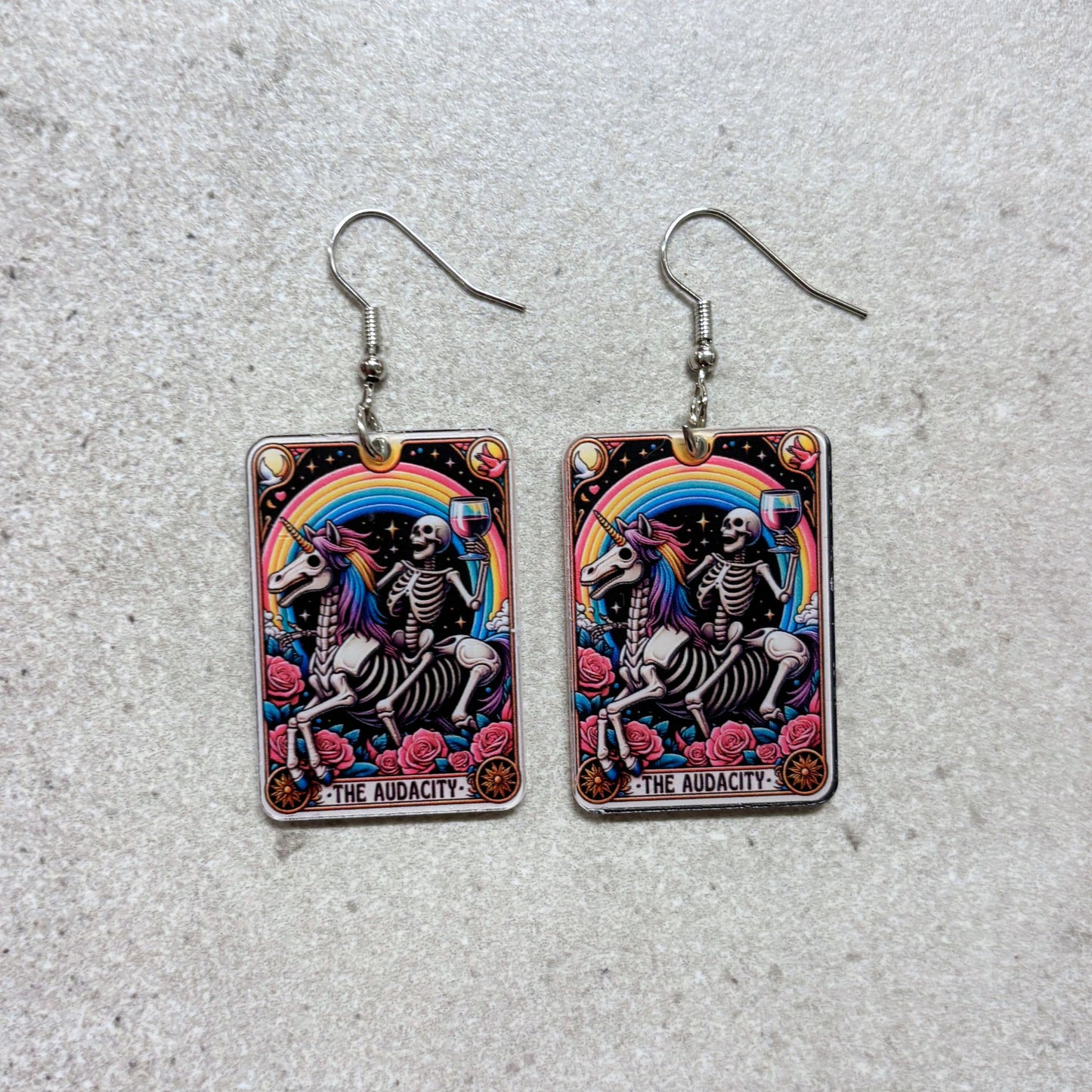 Audacity Acrylic Earrings | Skeleton Tarot Card Statement Jewelry Mystical & Spooky Gift for Her