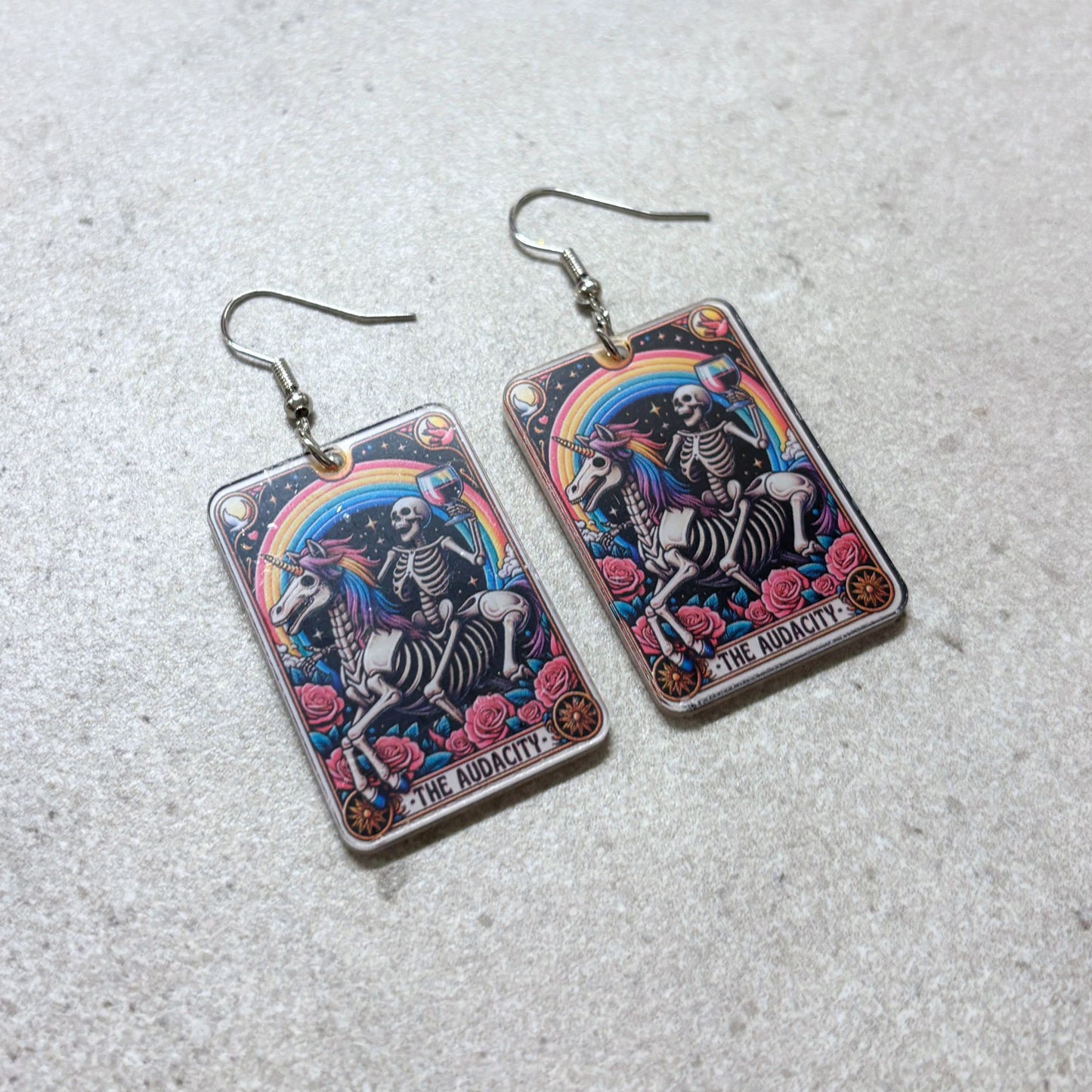 Audacity Acrylic Earrings | Skeleton Tarot Card Statement Jewelry Mystical & Spooky Gift for Her