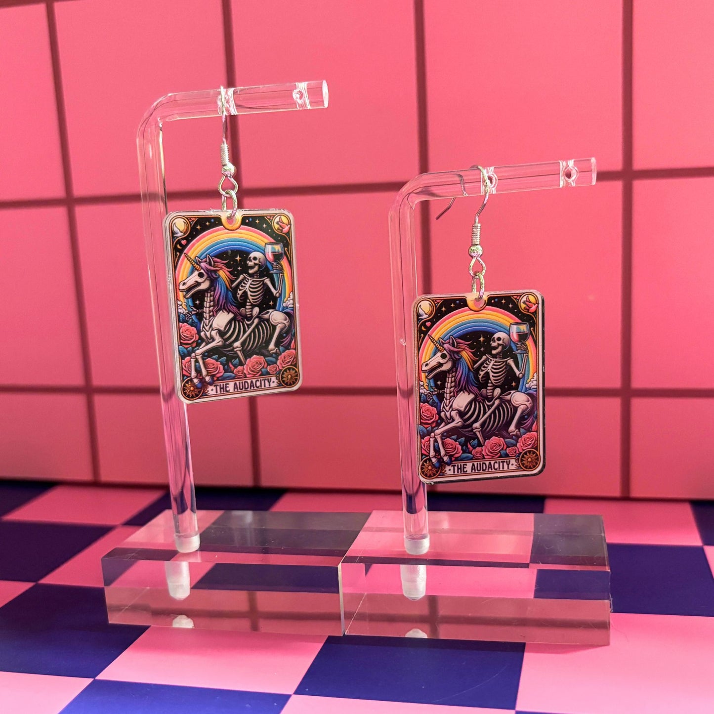 Audacity Acrylic Earrings | Skeleton Tarot Card Statement Jewelry Mystical & Spooky Gift for Her