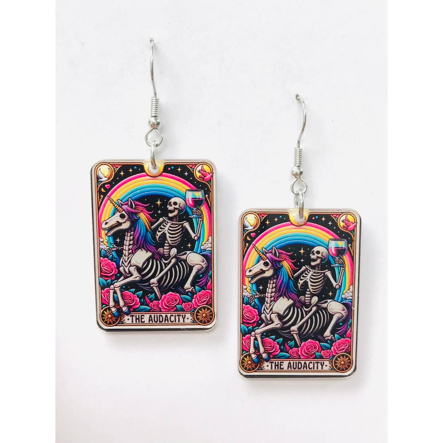 Audacity Acrylic Earrings | Skeleton Tarot Card Statement Jewelry Mystical & Spooky Gift for Her
