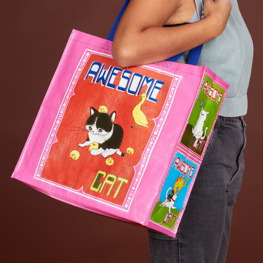 Awesome Cat Shopper Tote Bag | Feline Cat Lover Shopping Bag | 16" x 15" | BlueQ at GetBullish
