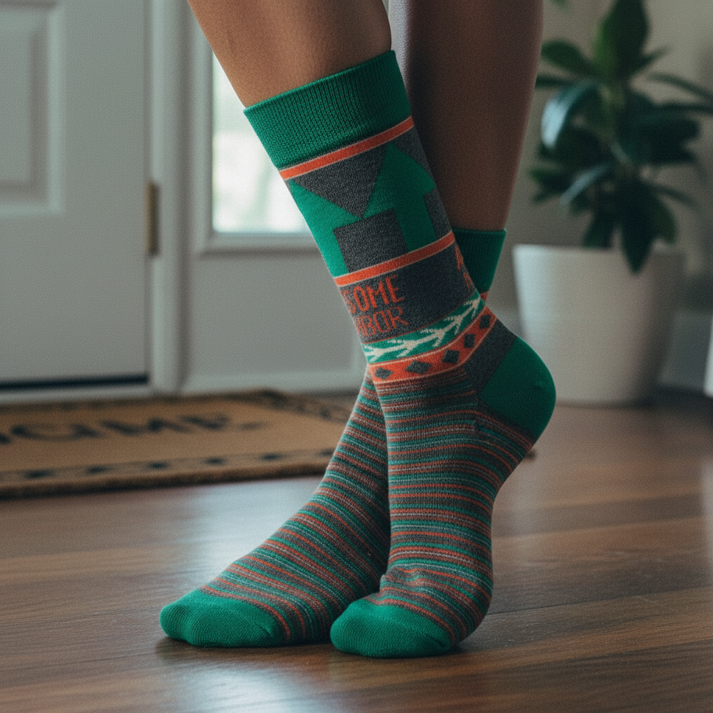 Person wearing green patterned socks on a wooden floor with a plant in the background