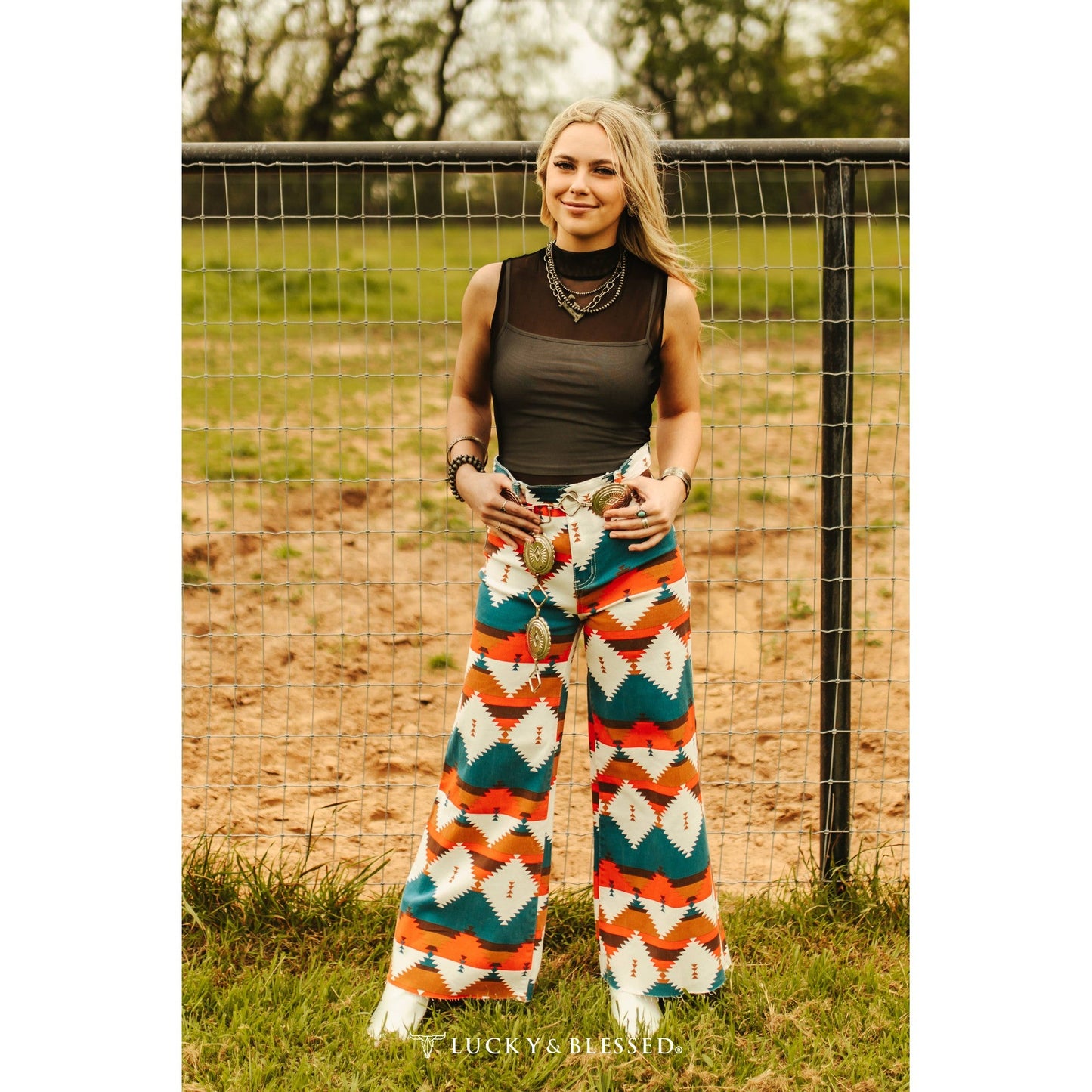 Aztec Tummy Control Cropped Wide Leg Jeans | Western [Sizes 6-14]