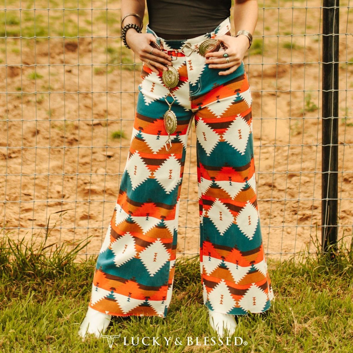 Aztec Tummy Control Cropped Wide Leg Jeans | Western [Sizes 6-14]