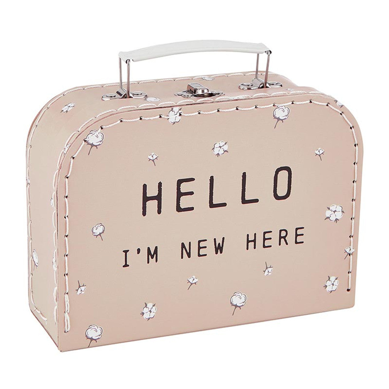 Baby Gift Set "Hello I'm New Here" Mini Suitcase in Blush Pink | 3-Piece Keepsake Suitcase Snap Shirt and Hat Gift Box