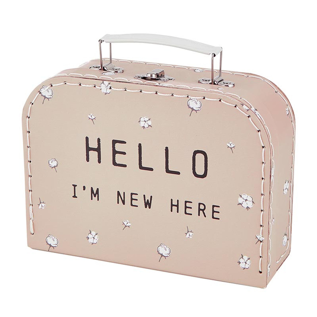 Baby Gift Set "Hello I'm New Here" Mini Suitcase in Blush Pink | 3-Piece Keepsake Suitcase Snap Shirt and Hat Gift Box