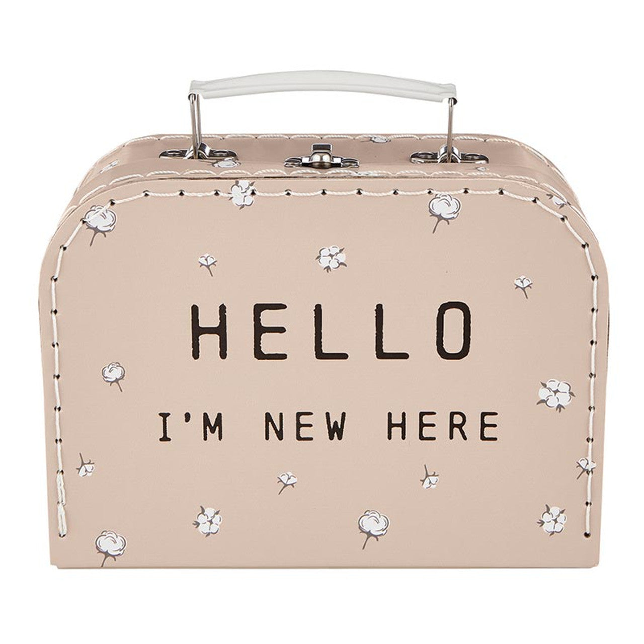 Baby Gift Set "Hello I'm New Here" Mini Suitcase in Blush Pink | 3-Piece Keepsake Suitcase Snap Shirt and Hat Gift Box