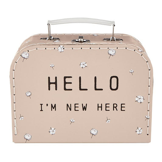 Baby Gift Set "Hello I'm New Here" Mini Suitcase in Blush Pink | 3-Piece Keepsake Suitcase Snap Shirt and Hat Gift Box