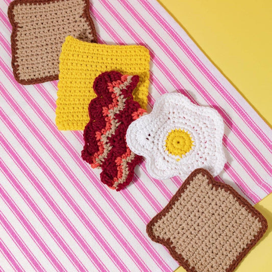 Bacon Egg Cheese Sandwich Coaster Set | Set of 5 Crocheted Beverage Coasters