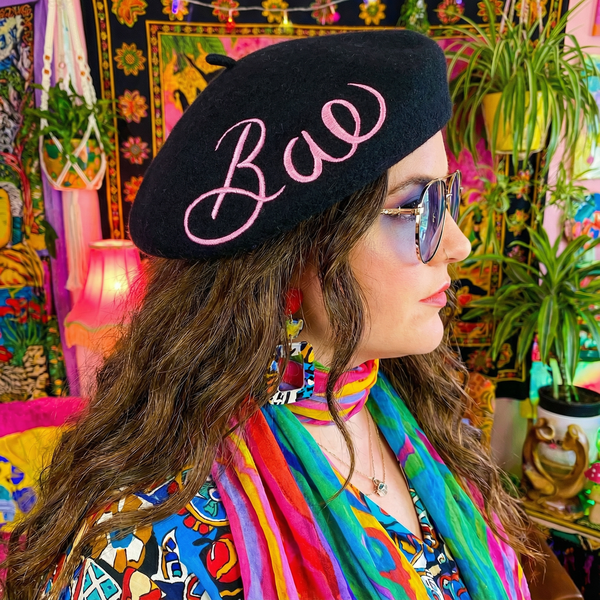 Bae Embroidered Beret in Black