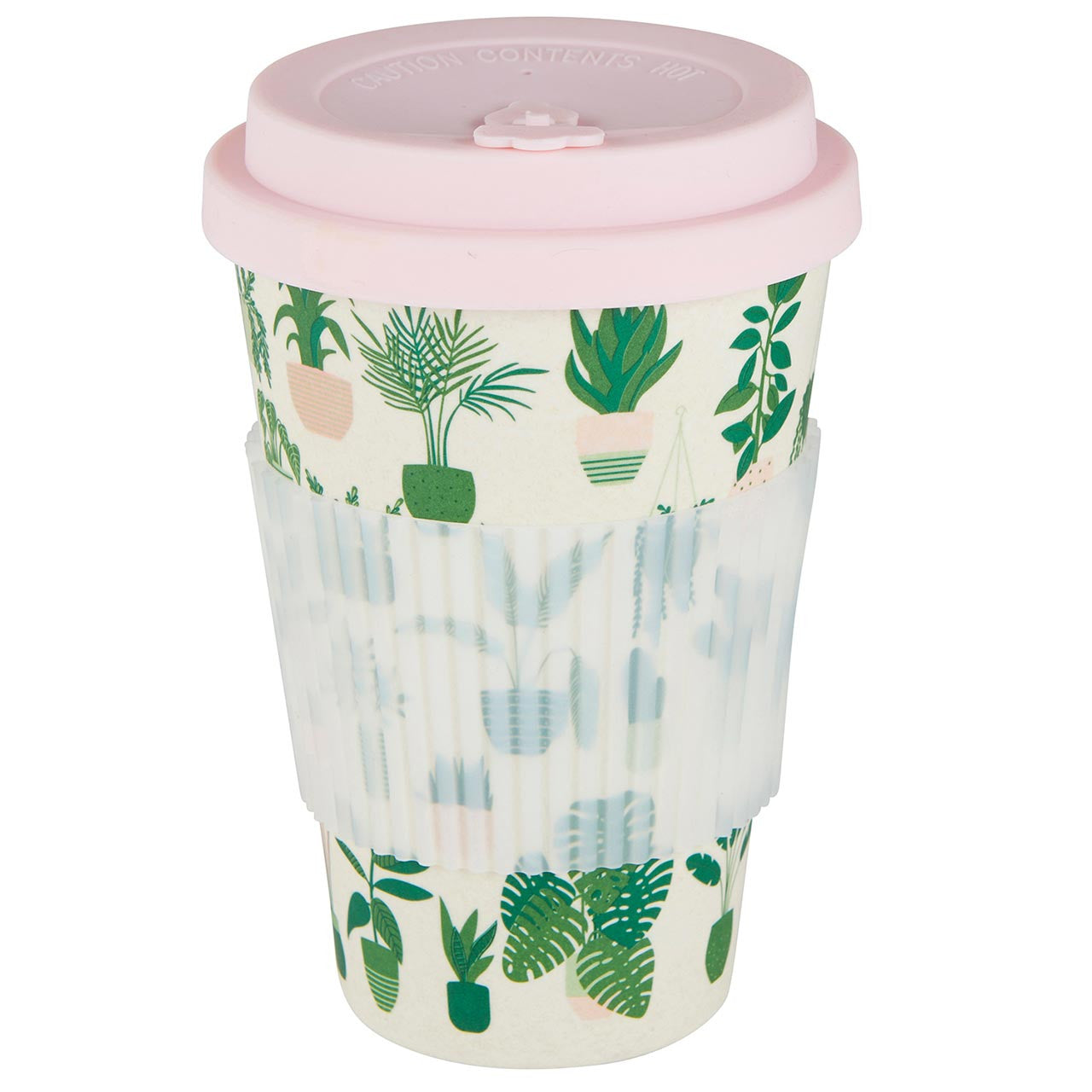 Bamboo To Go Coffee Cup with House Plants Pattern | Fiber Coffee Travel Mug with Silicone Lid & Sleeve | 13oz