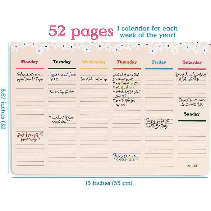 Ban.do Daisies Week-To-Week Mega Desk Notepad | Full Year Weekly Calendar Note Pad | 8.67". x 13"