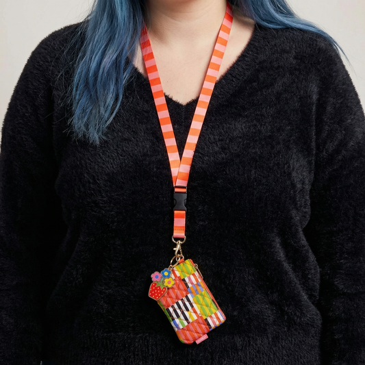 Ban.do Zip ID Lanyard in Black Stripe with Charm | Badge Holder Zippered Pouch with Keychain