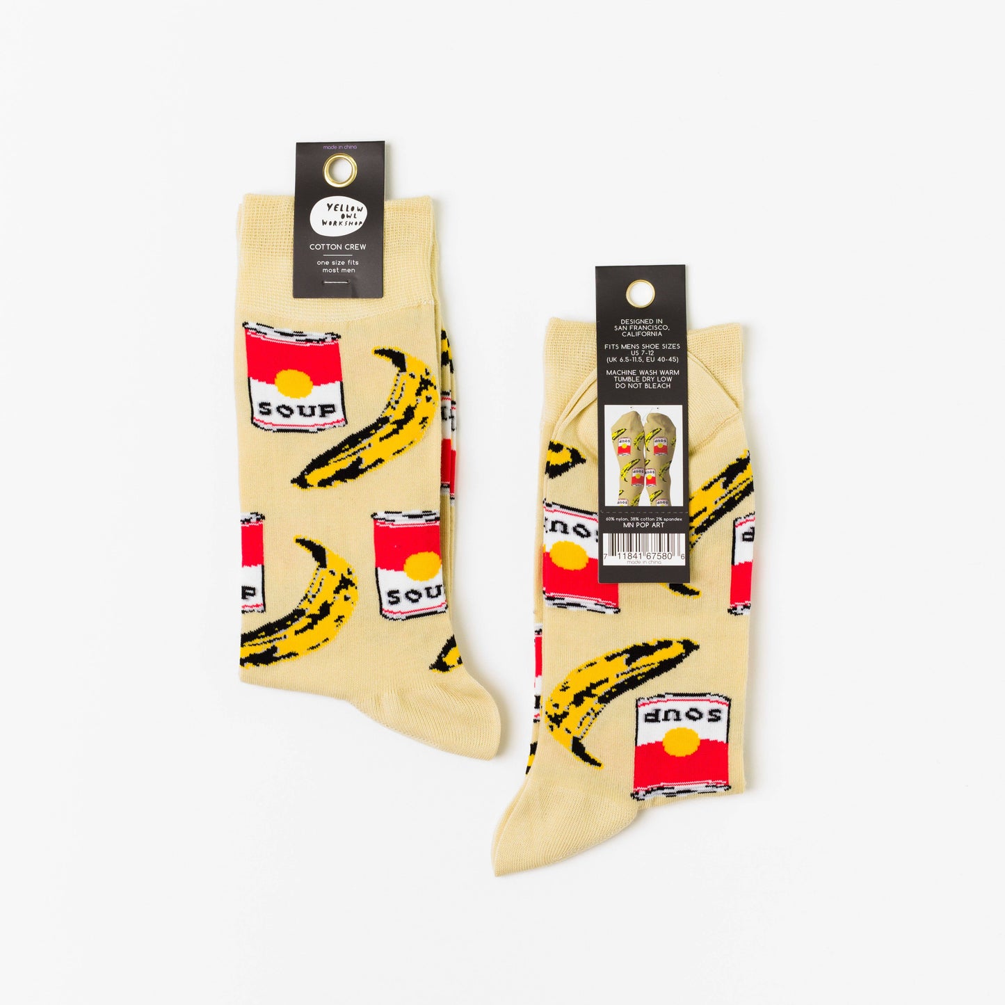 Banana Soup Can Pop Art Unisex Crew Socks | Large or Men's Museum Gift Shop Socks for Art Lovers