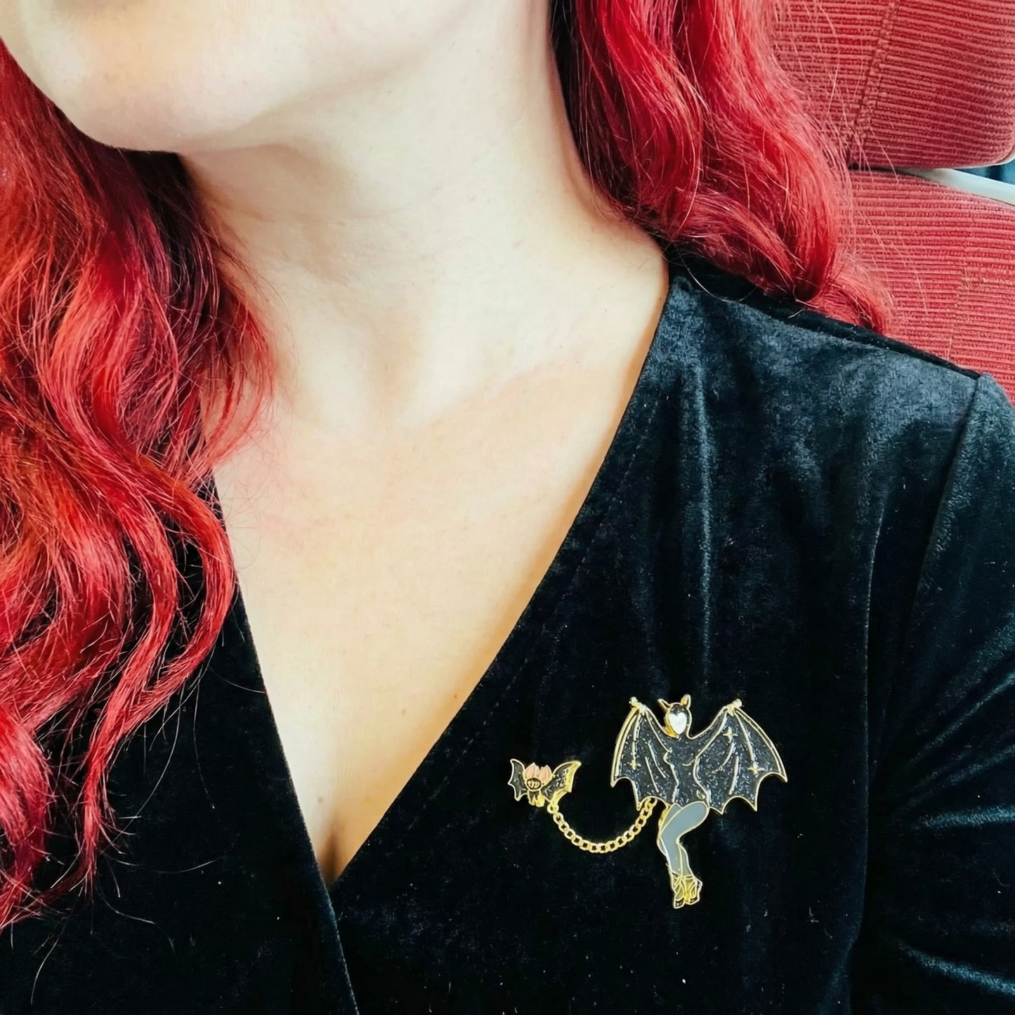 Bat Lady & Her Wingman Enamel Pin | Glitter Gothic Chain Pin Halloween