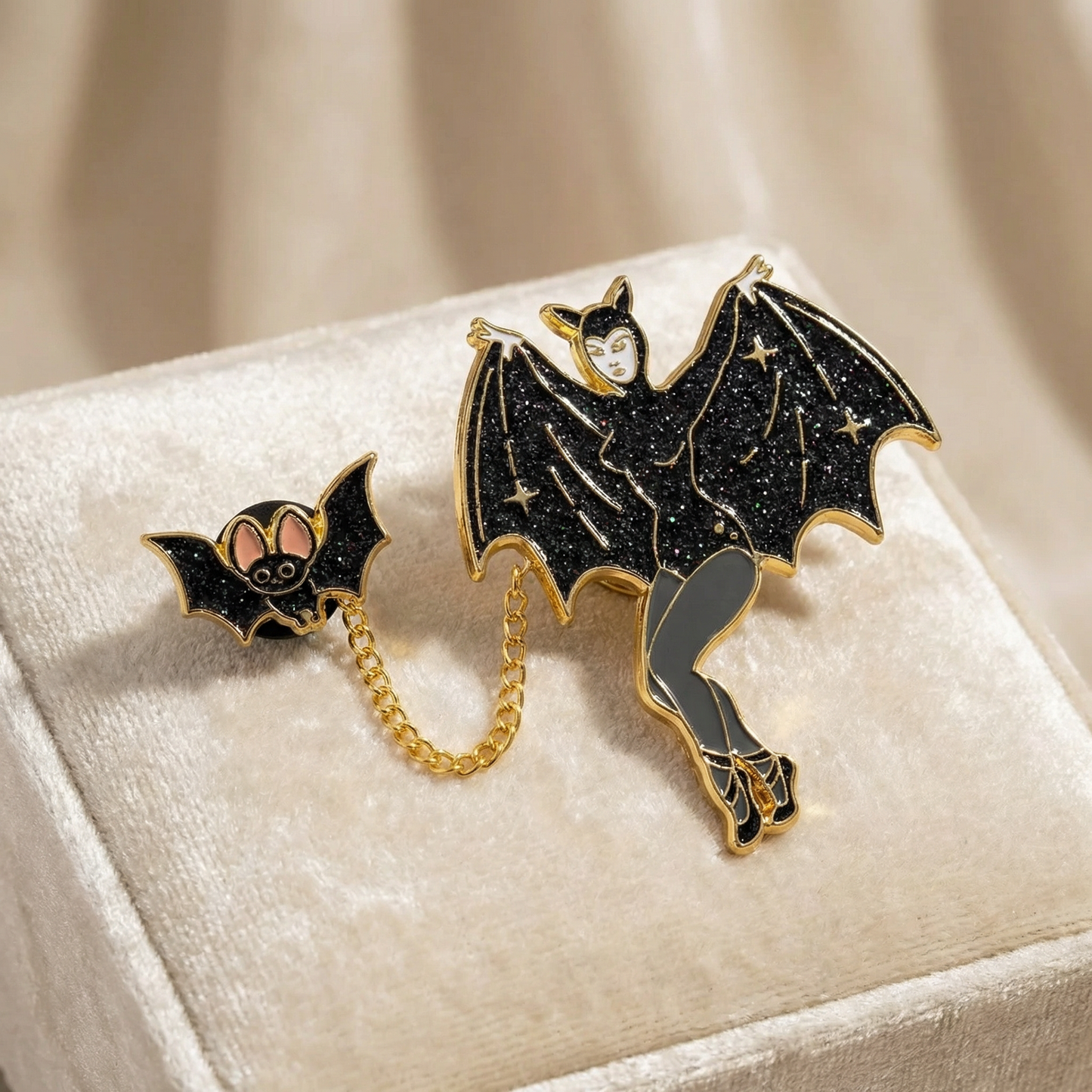 Bat Lady & Her Wingman Enamel Pin | Glitter Gothic Chain Pin Halloween