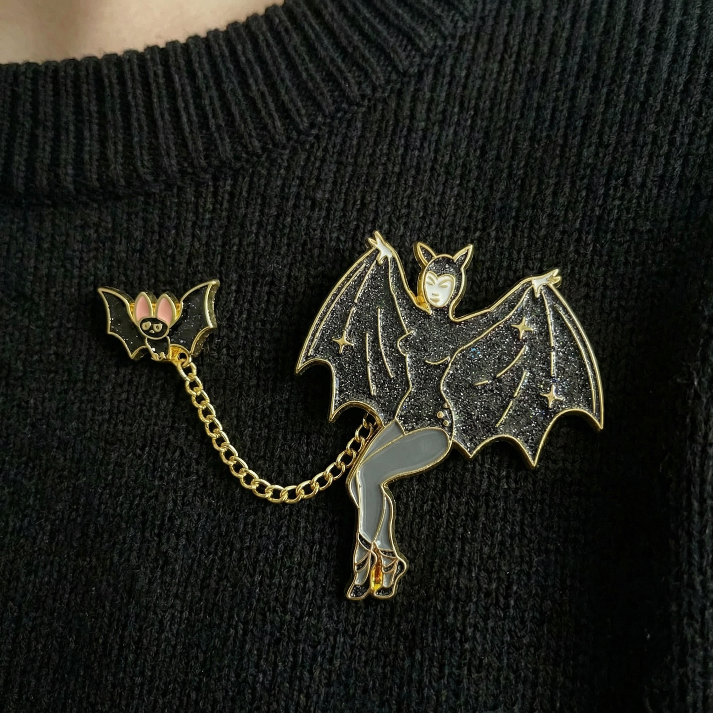 Bat Lady & Her Wingman Enamel Pin | Glitter Gothic Chain Pin Halloween