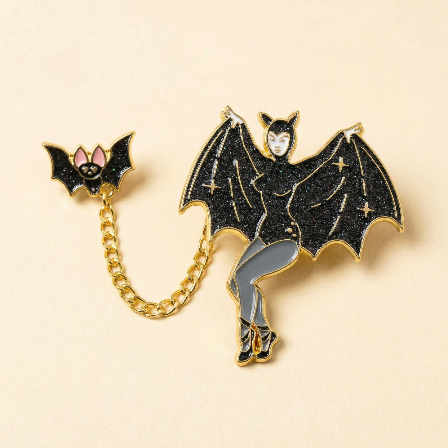 Bat Lady & Her Wingman Enamel Pin | Glitter Gothic Chain Pin Halloween